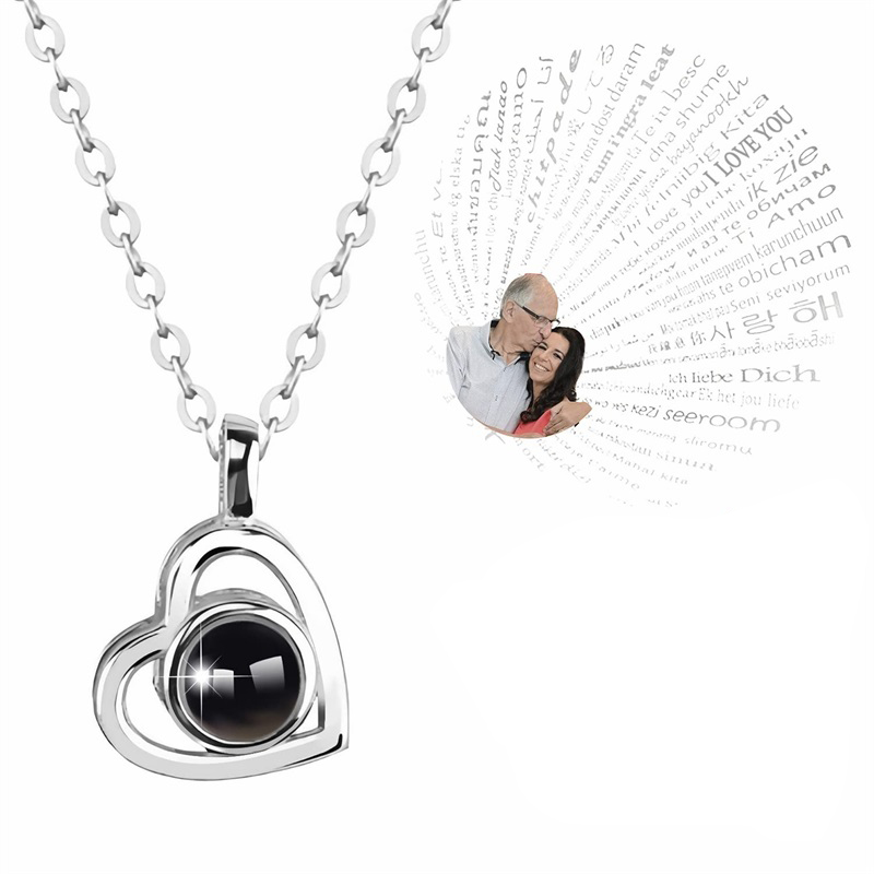 AliExpress Custom Photo Projection Necklace with Picture Inside I Love You Necklace 100 Languages Personalized Heart Pendant Necklace Gift, view 5
