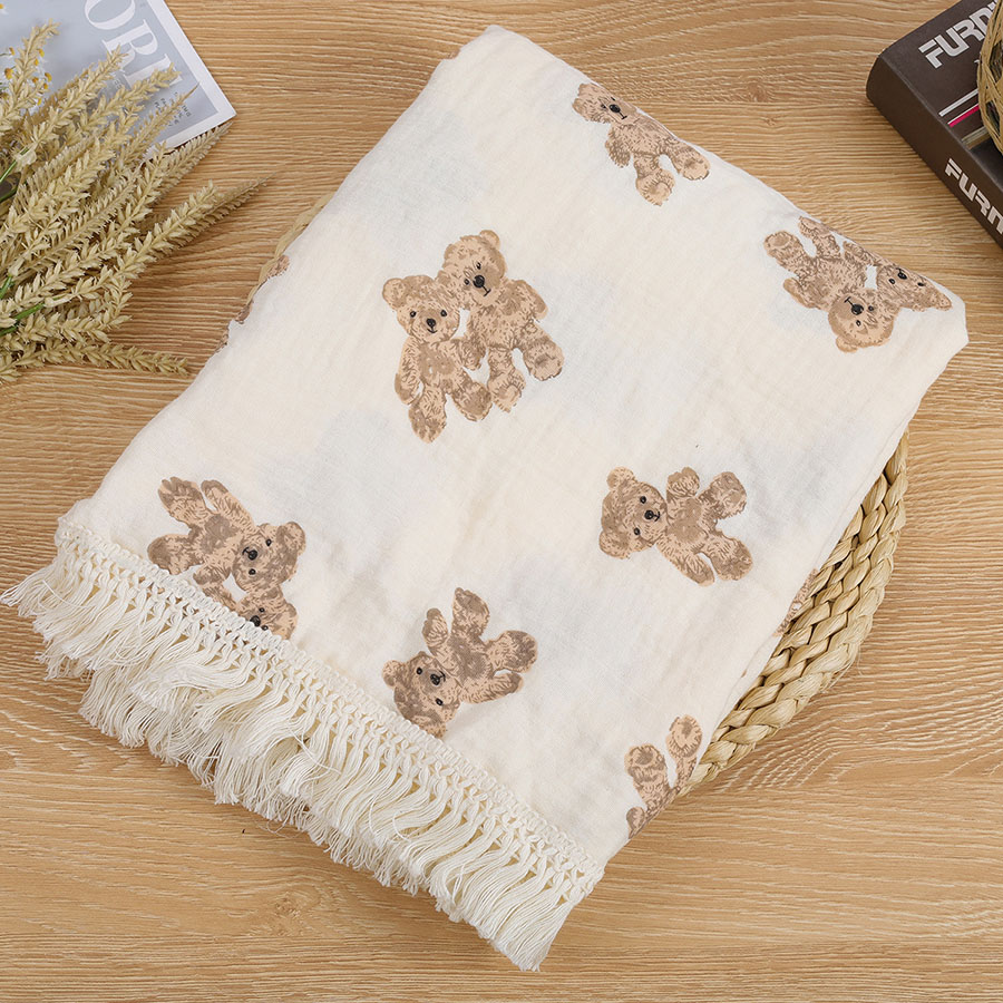 AliExpress Cute Bear Muslin Squares Cotton Baby Blanket for Newborn Plaid Infant Swaddle Blanket Babies Accessories Bed Summer Comforter, view 3