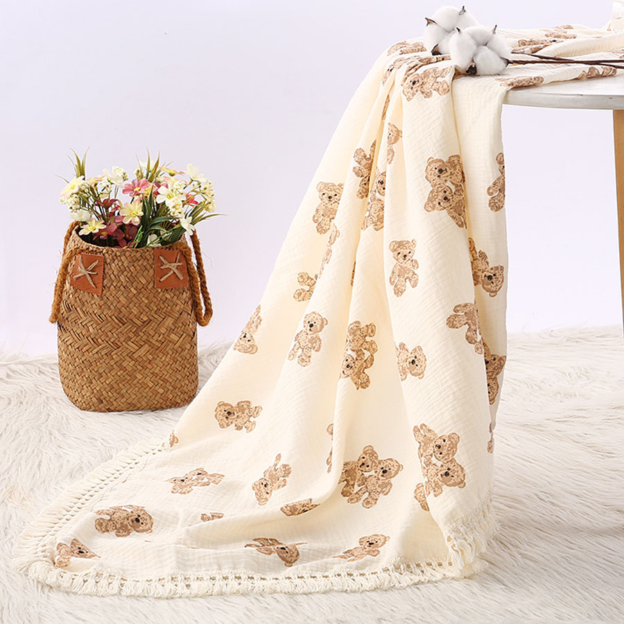 AliExpress Cute Bear Muslin Squares Cotton Baby Blanket for Newborn Plaid Infant Swaddle Blanket Babies Accessories Bed Summer Comforter, view 2
