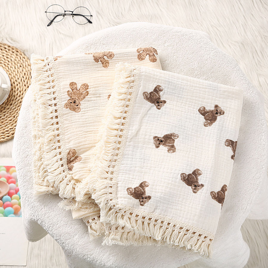 AliExpress Cute Bear Muslin Squares Cotton Baby Blanket for Newborn Plaid Infant Swaddle Blanket Babies Accessories Bed Summer Comforter, view 5