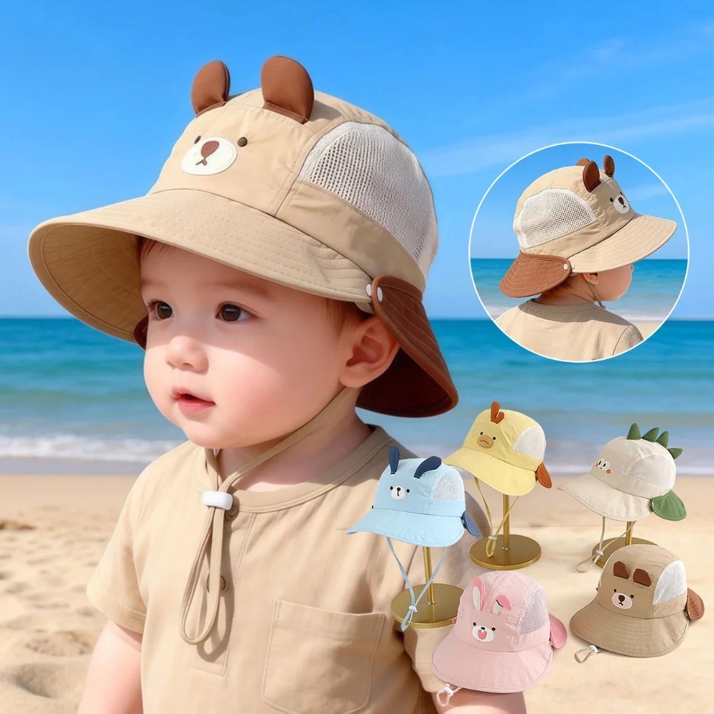 AliExpress Cute Cartoon Baby Beach Hat with Bear Rabbit Ears Breathable Mesh Sun Visor Cap for Boys & Girls Summer Outdoor Panama Hat, view 2