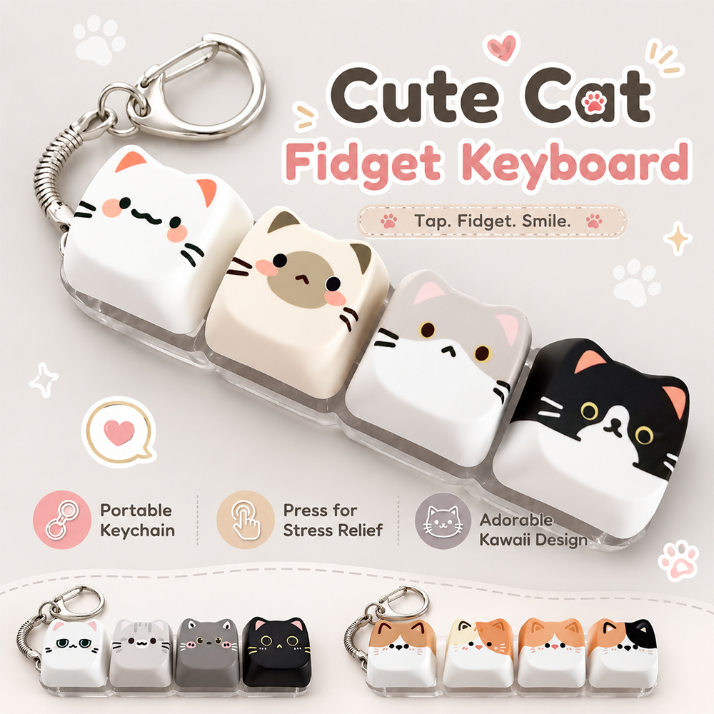 AliExpress Cute Cat Relax Button Keycap, Kawaii Cat 4-Key Keyboard Fidget Toy for Friends Gift, Portable Fidget Keychain Fashion Bag Charm