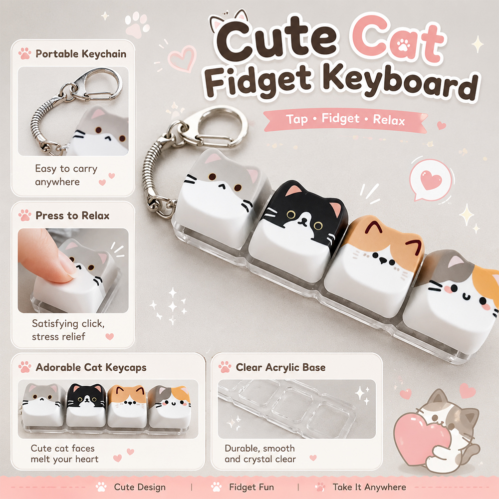 AliExpress Cute Cat Relax Button Keycap, Kawaii Cat 4-Key Keyboard Fidget Toy for Friends Gift, Portable Fidget Keychain Fashion Bag Charm, view 2