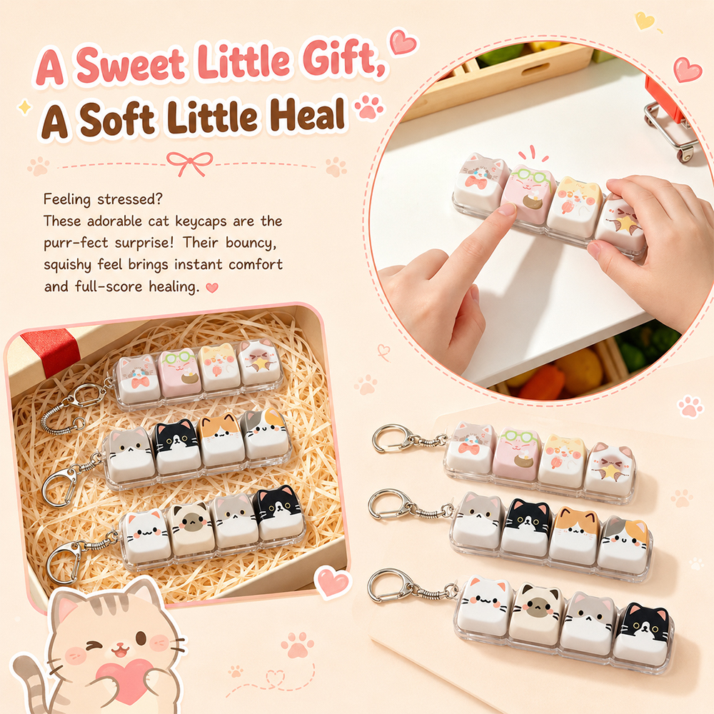 AliExpress Cute Cat Relax Button Keycap, Kawaii Cat 4-Key Keyboard Fidget Toy for Friends Gift, Portable Fidget Keychain Fashion Bag Charm, view 3