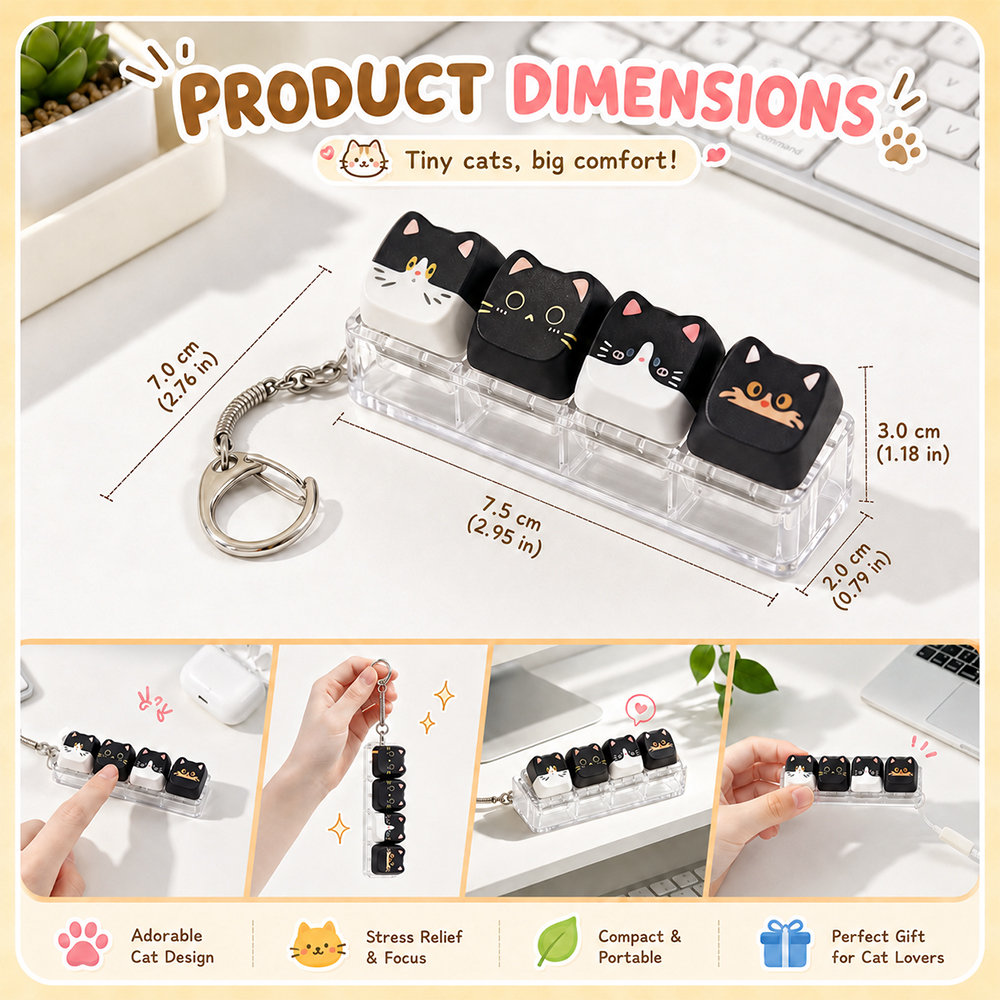 AliExpress Cute Cat Relax Button Keycap, Kawaii Cat 4-Key Keyboard Fidget Toy for Friends Gift, Portable Fidget Keychain Fashion Bag Charm, view 5