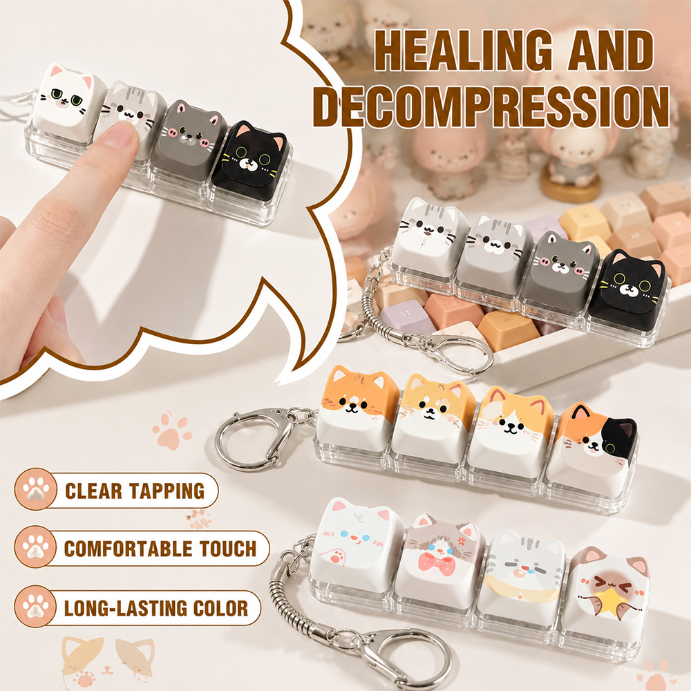 AliExpress Cute Cat Relax Button Keycap, Kawaii Cat 4-Key Keyboard Fidget Toy for Friends Gift, Portable Fidget Keychain Fashion Bag Charm, view 6