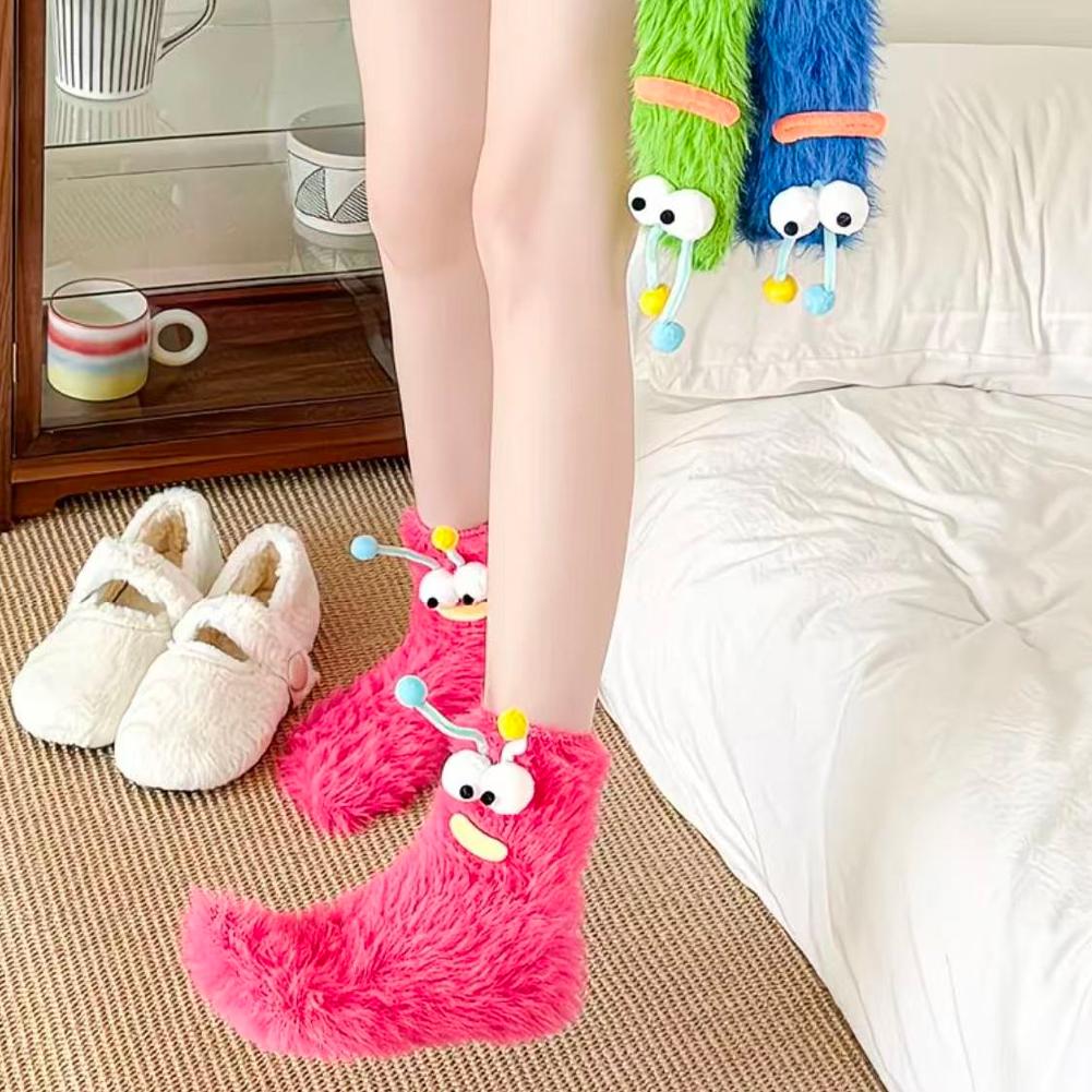 AliExpress Cute Ugly Big Eye Funny Fleece Floor Socks Coral Velvet Thickened Warm Plush Socks Autumn And Winter Home Socks, view 4