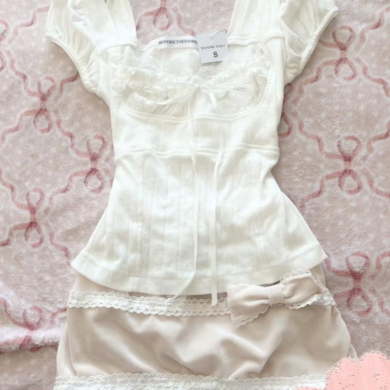 AliExpress Deeptown Sweet Kawaii White T-shirts Women Shoujo Fashion Coquette Bow Short Sleeve Tees Korean Style Lace Patchwork T-Shirts, view 3