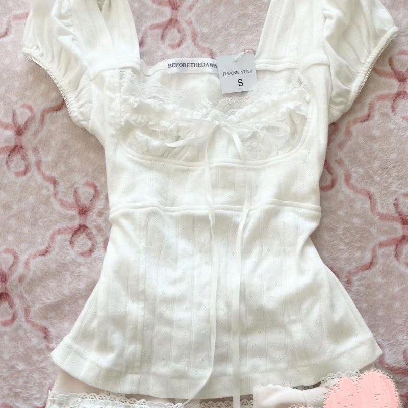 AliExpress Deeptown Sweet Kawaii White T-shirts Women Shoujo Fashion Coquette Bow Short Sleeve Tees Korean Style Lace Patchwork T-Shirts, view 5