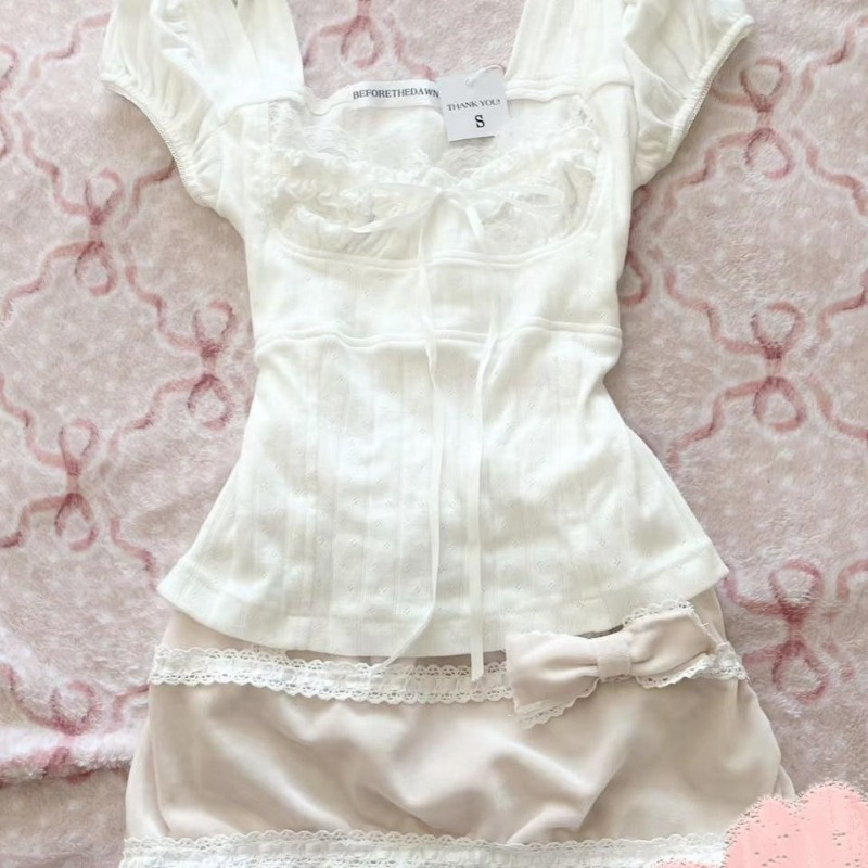 AliExpress Deeptown Sweet Kawaii White T-shirts Women Shoujo Fashion Coquette Bow Short Sleeve Tees Korean Style Lace Patchwork T-Shirts, view 6