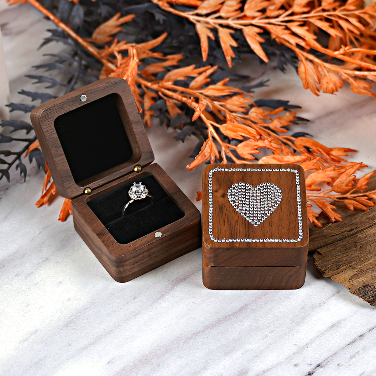 AliExpress Solid Walnut Wood Ring Box with Diamond Inlay, view 6