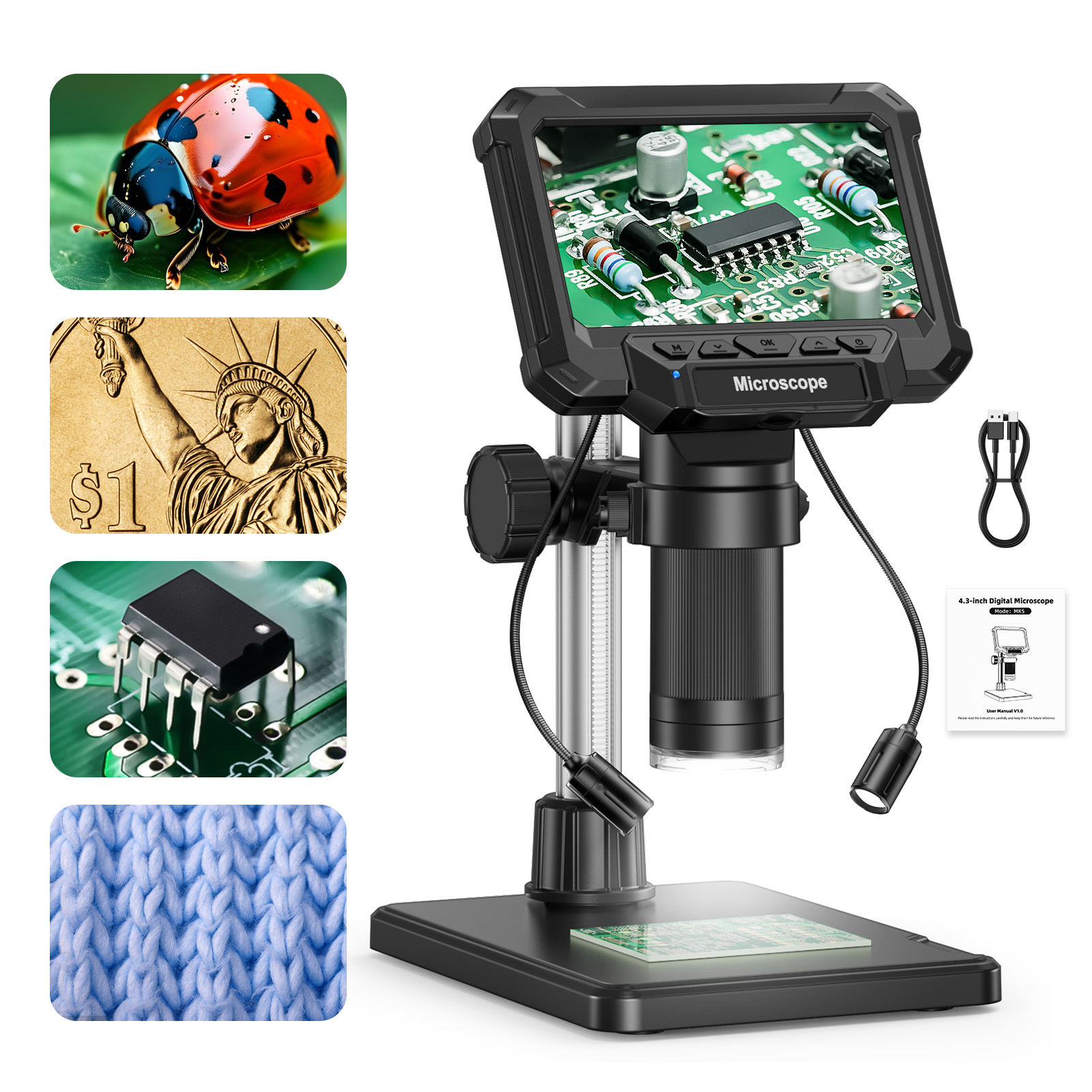 AliExpress Digital Microscope with 4.3inch IPS Screen 1600X Coin Mirroscope with Lights 1920P HD Video Microscope for PCB, Coins, Plants