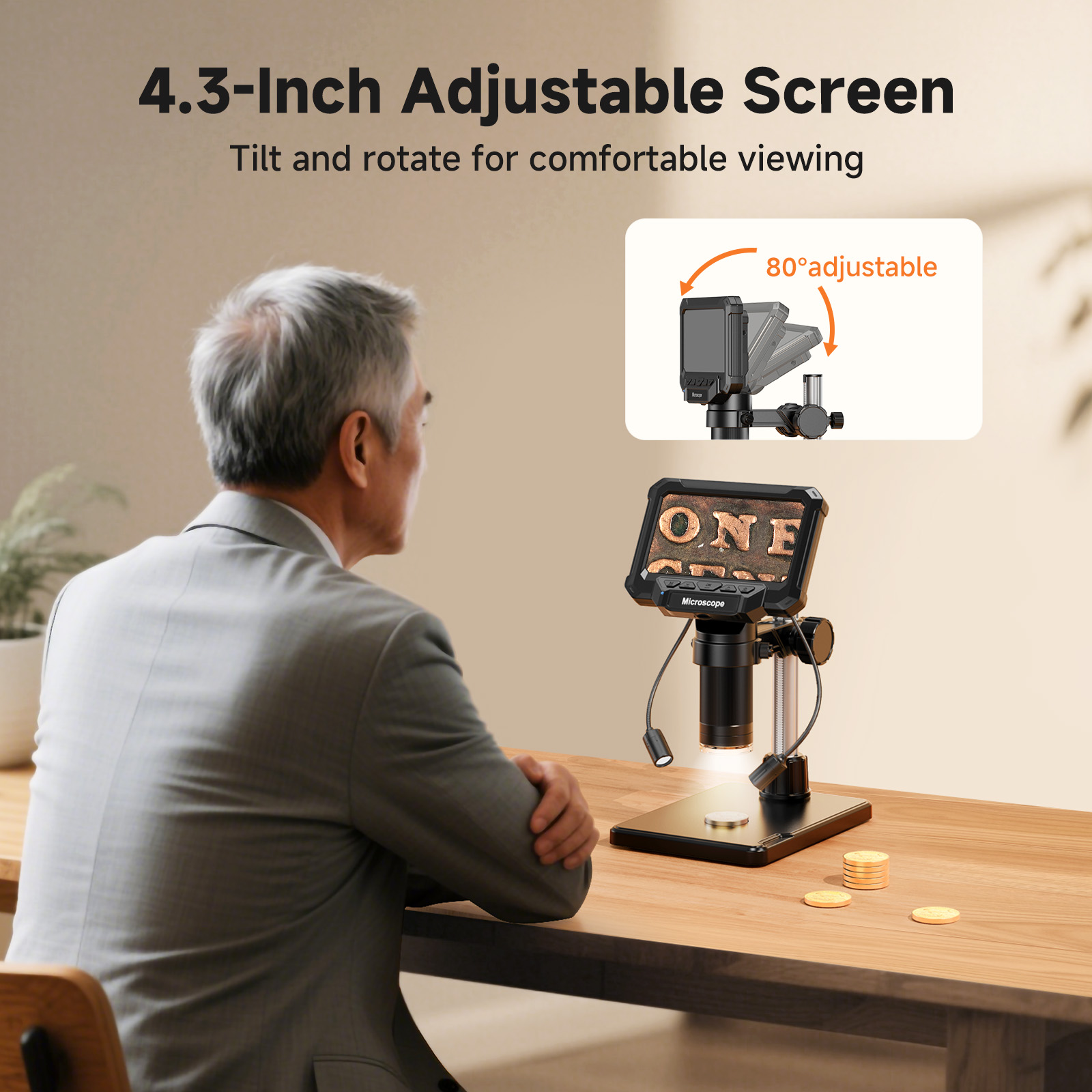 AliExpress Digital Microscope with 4.3inch IPS Screen 1600X Coin Mirroscope with Lights 1920P HD Video Microscope for PCB, Coins, Plants, view 3
