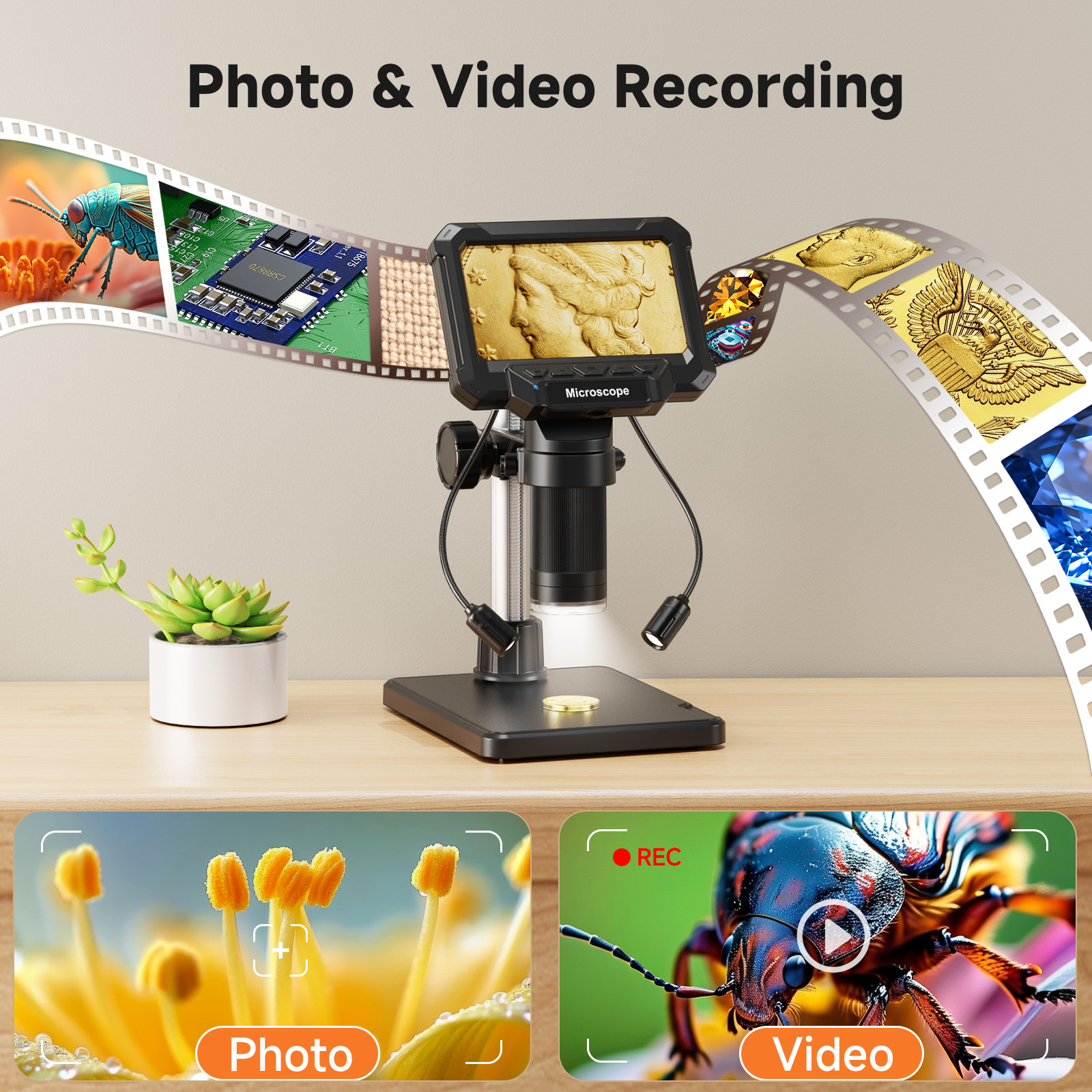 AliExpress Digital Microscope with 4.3inch IPS Screen 1600X Coin Mirroscope with Lights 1920P HD Video Microscope for PCB, Coins, Plants, view 5