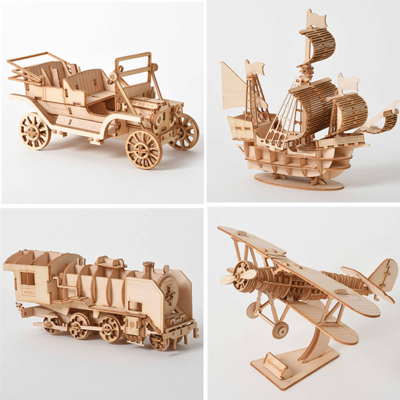 AliExpress DIY 3D Wooden Puzzle for Assembly Puzzle Laser Cutting Sailing Ship Biplane Steam Locomotive Train Toy DIY Kit for