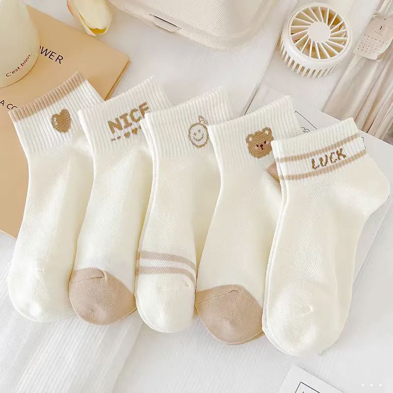 AliExpress Dreamlikelin 5pairs/Pack Spring Summer Women's Socks Cute Short Socks Korean Style Bear Smile Face Letters Print Ankle Socks