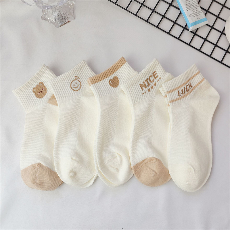 AliExpress Dreamlikelin 5pairs/Pack Spring Summer Women's Socks Cute Short Socks Korean Style Bear Smile Face Letters Print Ankle Socks, view 2
