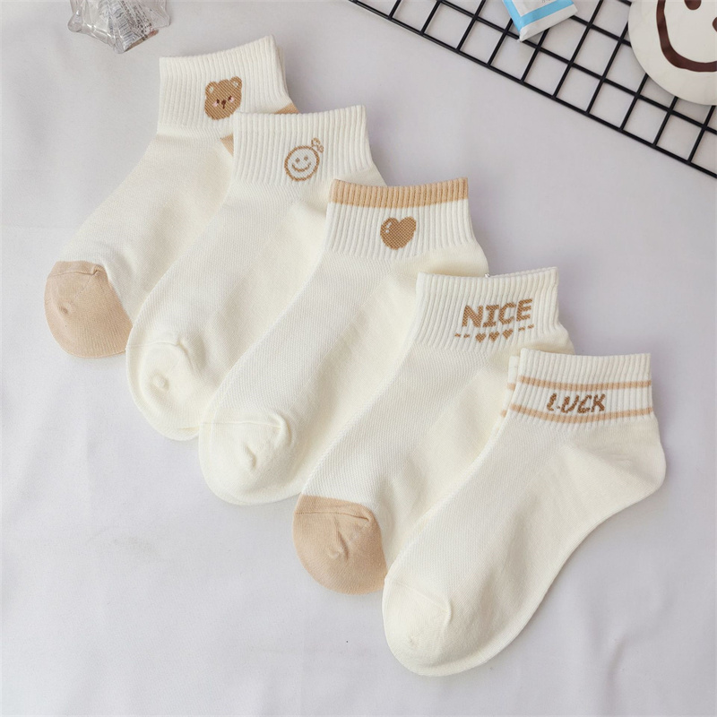 AliExpress Dreamlikelin 5pairs/Pack Spring Summer Women's Socks Cute Short Socks Korean Style Bear Smile Face Letters Print Ankle Socks, view 3