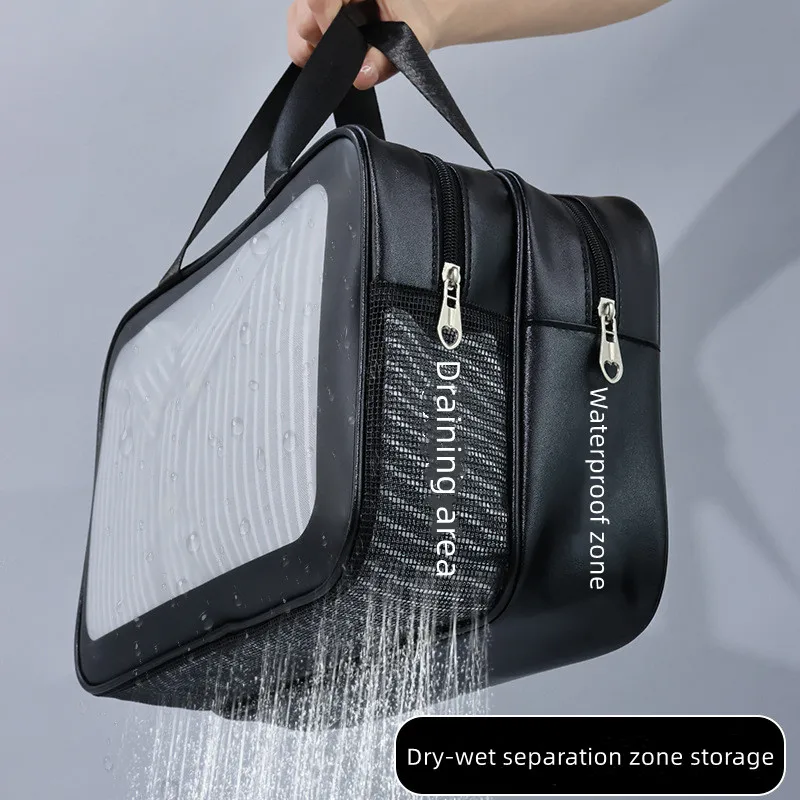 AliExpress Dry-wet separation double transparent PU makeup bag portable washing bag cosmetic storage bag travel fitness swimming essentials, view 2