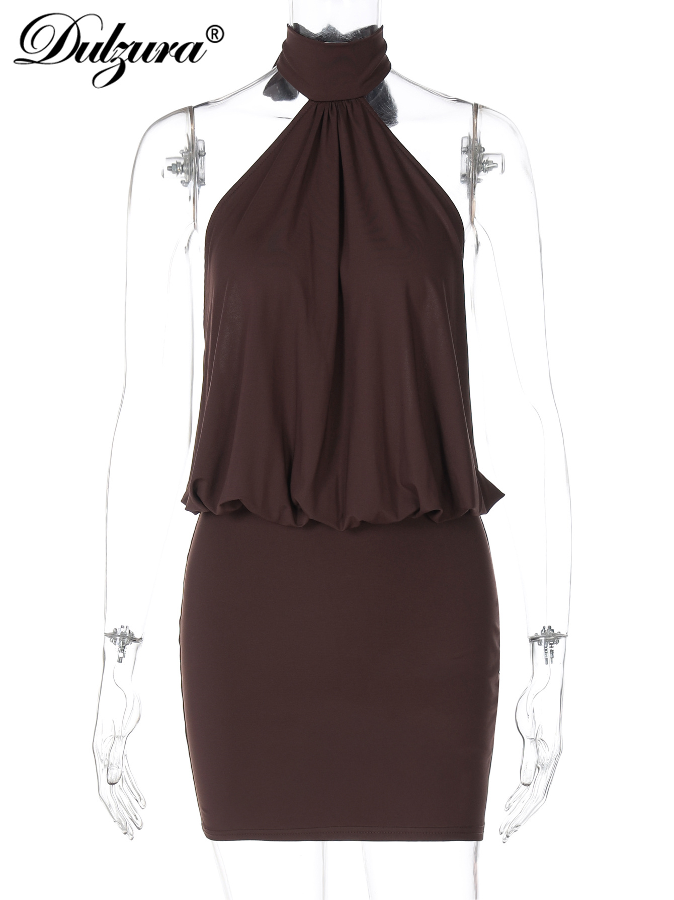 AliExpress Dulzura Summer Fashion Sexy Halter Sleeveless Lace Up Backless Bodycon Mini Dress Women'S Solid Elegant Party Club Street Outfit, view 6