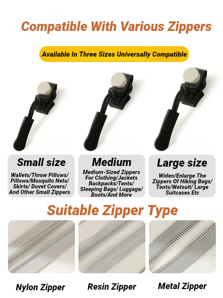 AliExpress Durable Metal Instant Zipper Puller DIY Removable Replacement Bad Buckle Zipper Head 3 Different Size Zipper Repair Kit, view 5