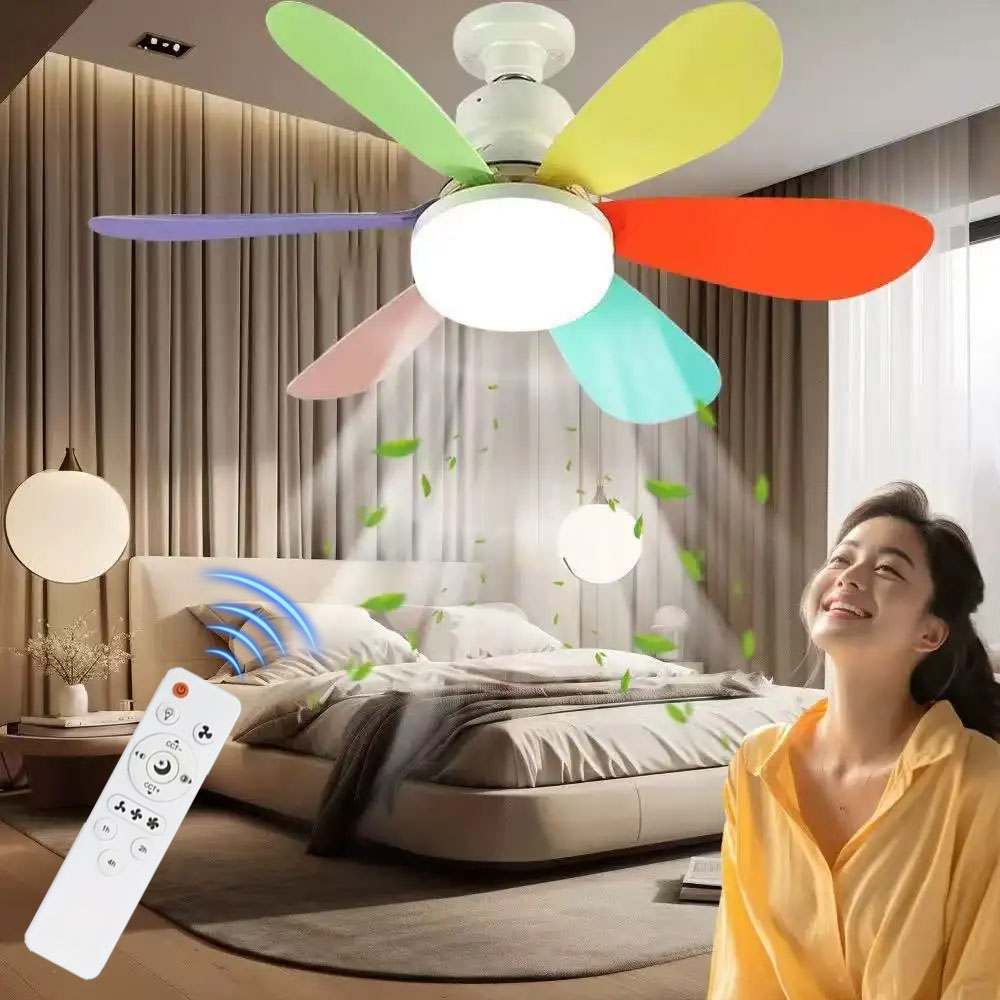 AliExpress E27 Base LED Ceiling Fan Light with Remote Control 85V-265V Voltage 3 Color Lights Dimmable Lamp for Living Room Home Decor, view 4