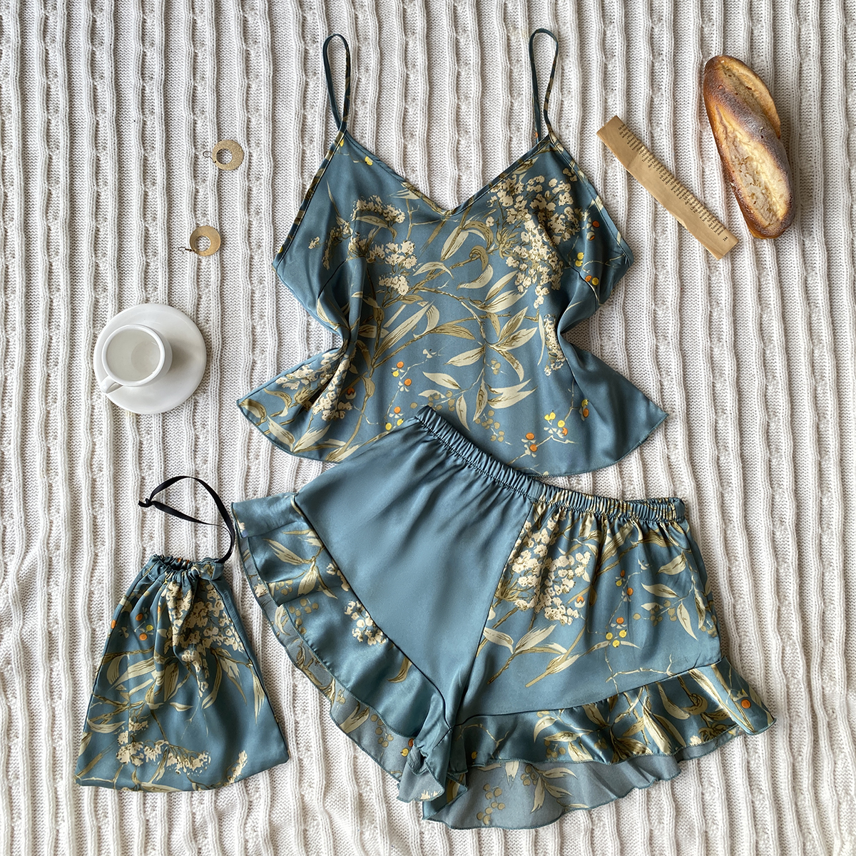 AliExpress Elegant Floral Print Cami Tops Ruffle Hem Shorts Pajama Set Women's Sleepwear Loungewear