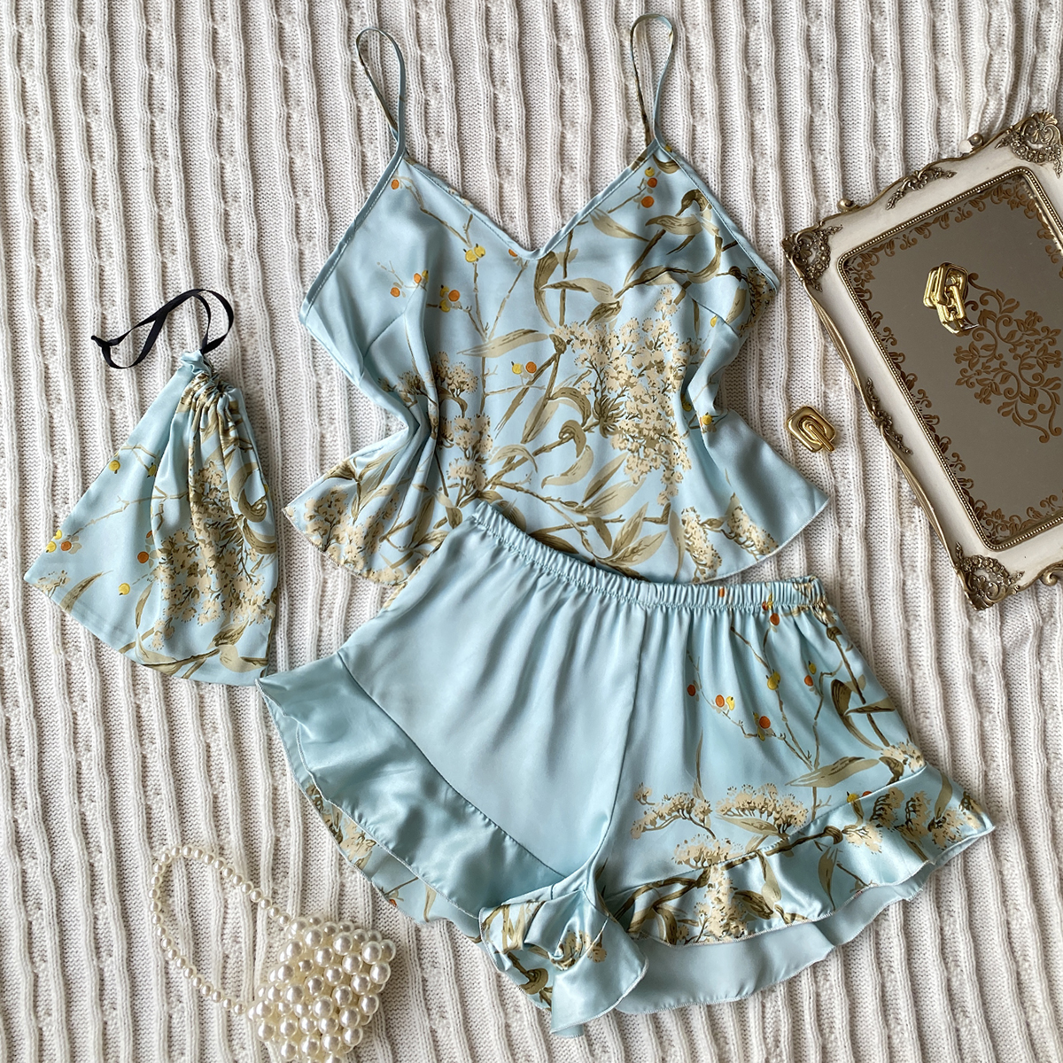 AliExpress Elegant Floral Print Cami Tops Ruffle Hem Shorts Pajama Set Women's Sleepwear Loungewear, view 2