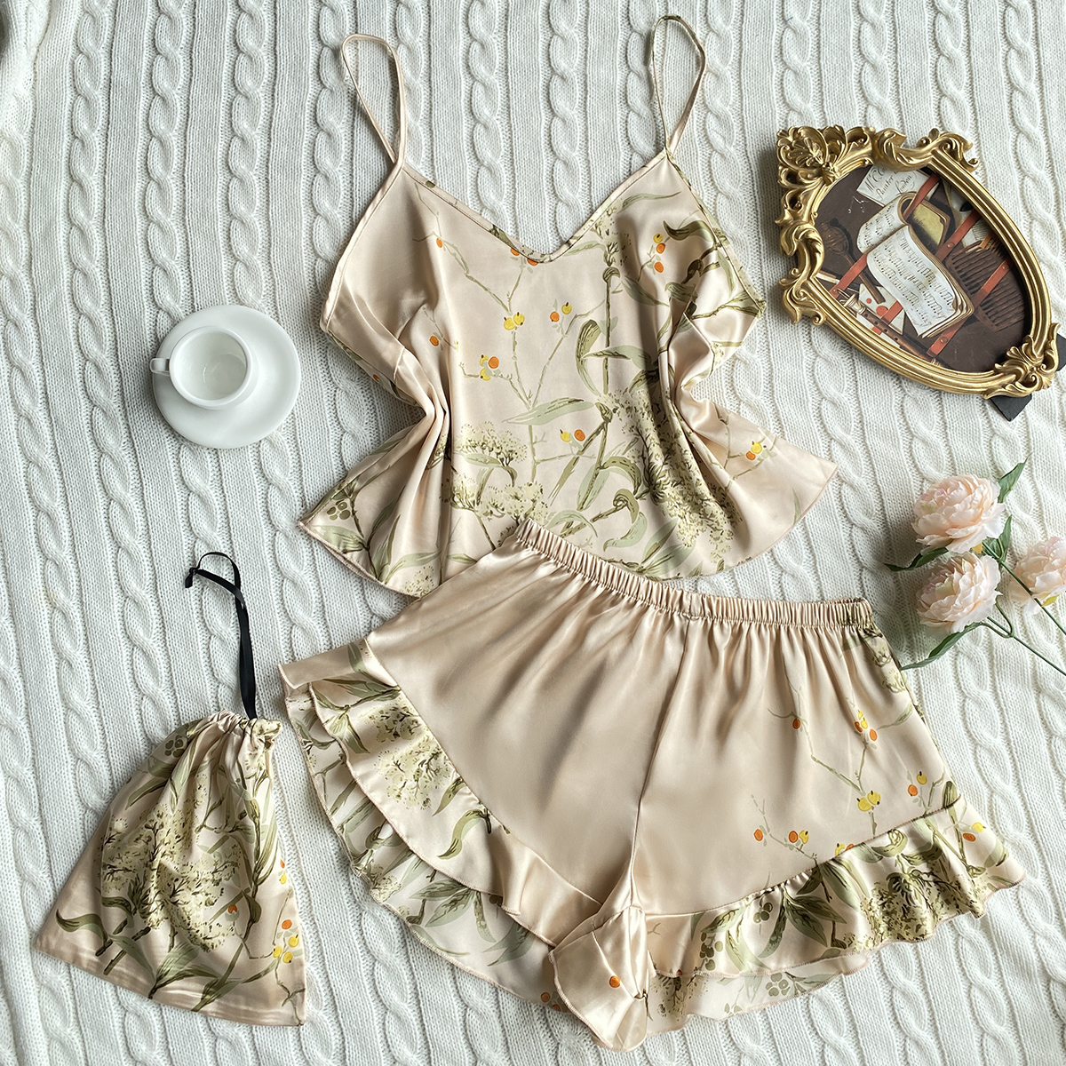 AliExpress Elegant Floral Print Cami Tops Ruffle Hem Shorts Pajama Set Women's Sleepwear Loungewear, view 3