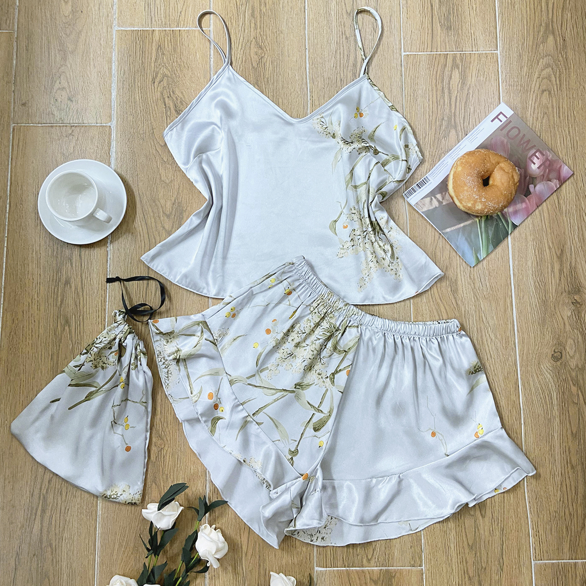 AliExpress Elegant Floral Print Cami Tops Ruffle Hem Shorts Pajama Set Women's Sleepwear Loungewear, view 4