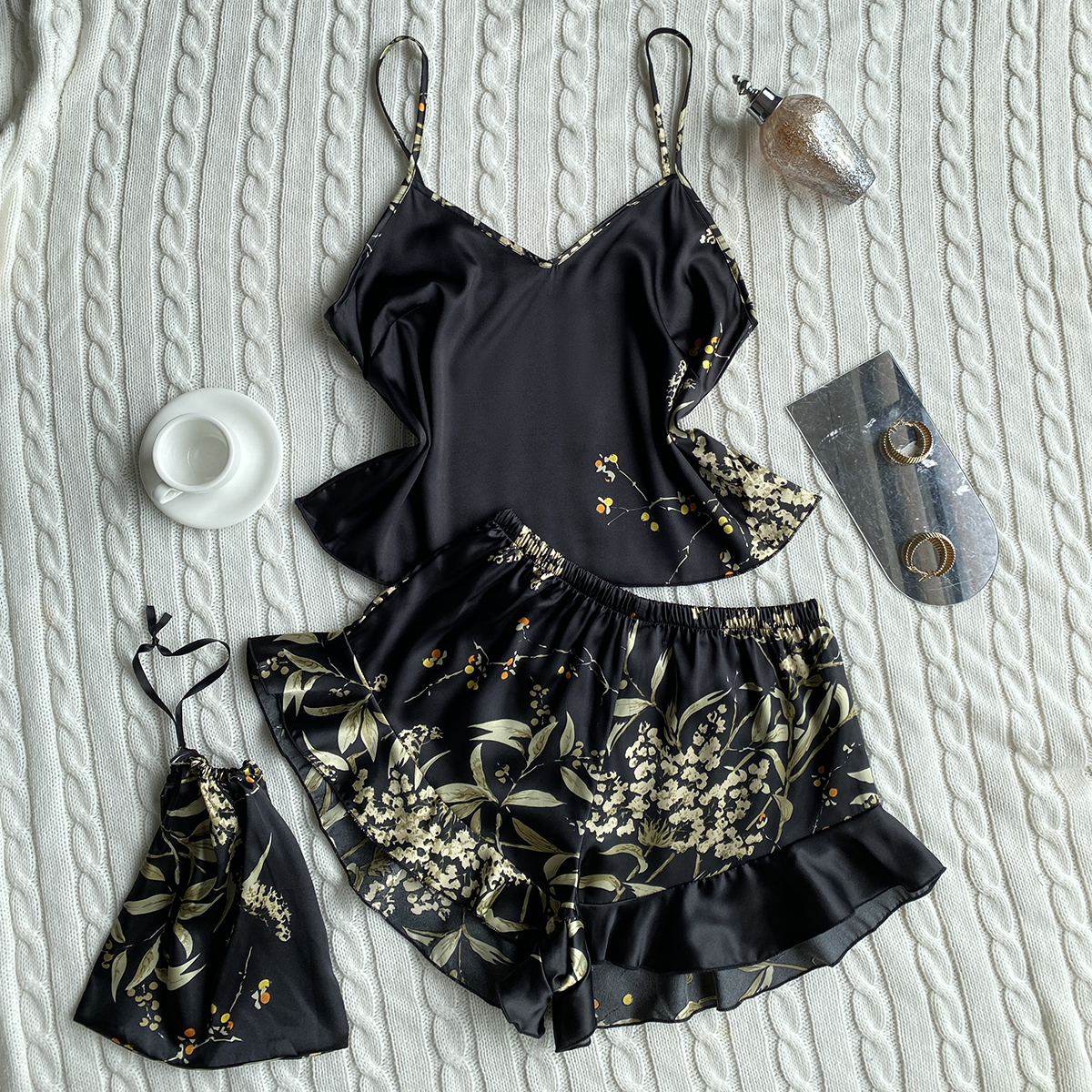AliExpress Elegant Floral Print Cami Tops Ruffle Hem Shorts Pajama Set Women's Sleepwear Loungewear, view 5