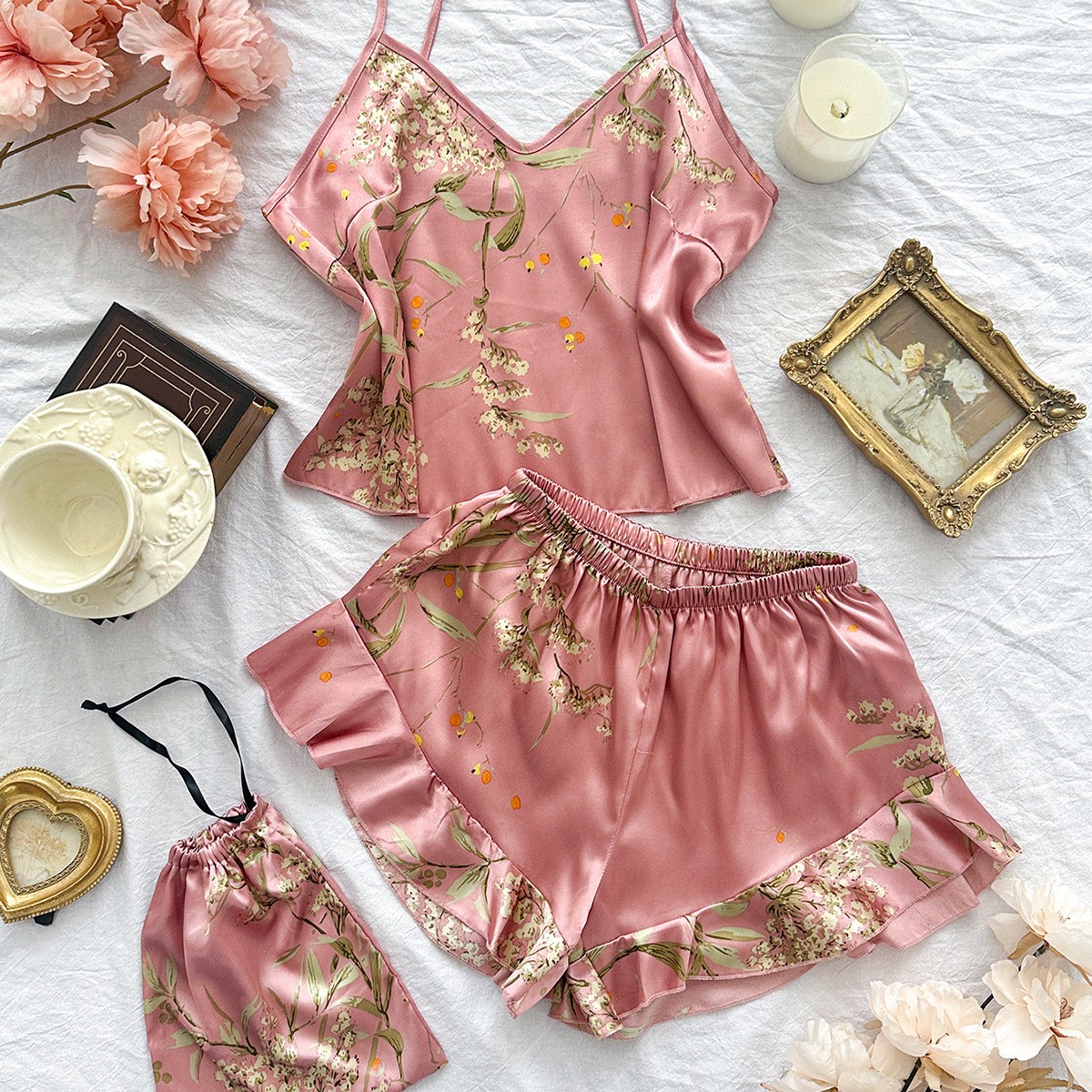 AliExpress Elegant Floral Print Cami Tops Ruffle Hem Shorts Pajama Set Women's Sleepwear Loungewear, view 6
