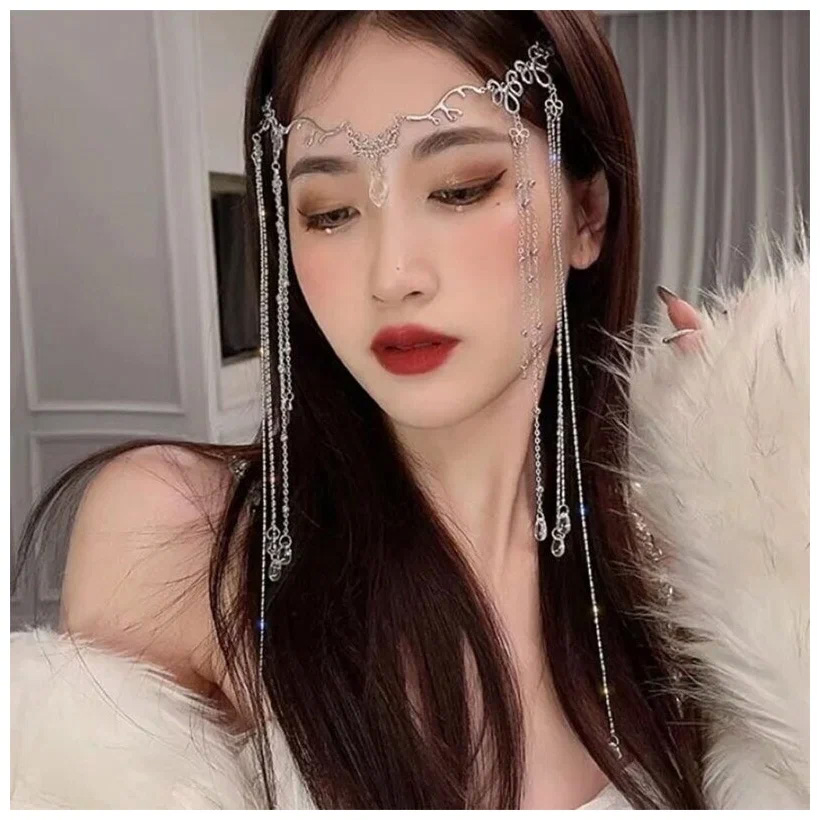 AliExpress Elegant Korean style Shinning Rhinestones Long Tassel Hairwear Waterdrop Crystal HairBand Forehead Hair Accessories PartyJewelry, view 2