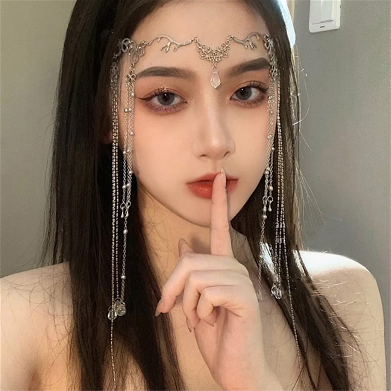 AliExpress Elegant Korean style Shinning Rhinestones Long Tassel Hairwear Waterdrop Crystal HairBand Forehead Hair Accessories PartyJewelry, view 4