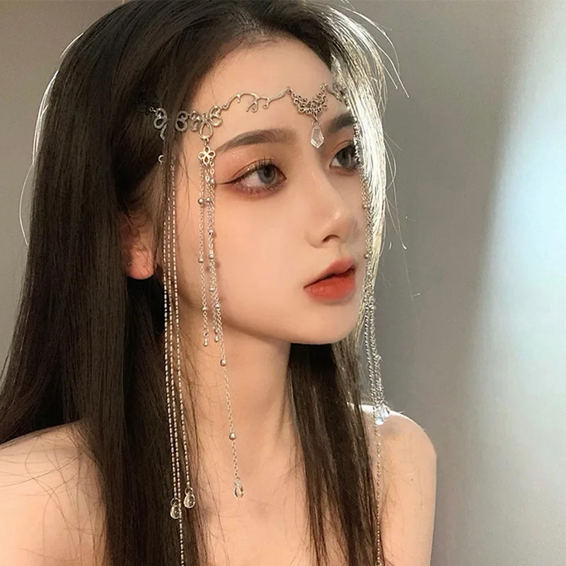 AliExpress Elegant Korean style Shinning Rhinestones Long Tassel Hairwear Waterdrop Crystal HairBand Forehead Hair Accessories PartyJewelry, view 5