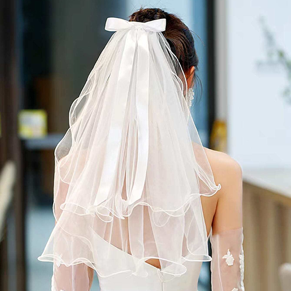 AliExpress Elegant Ribbon Bow Pearl Bridal Veil with Comb Shoulder Elbow Length Short Wedding Veil Marriage Accessories Decor Supplies