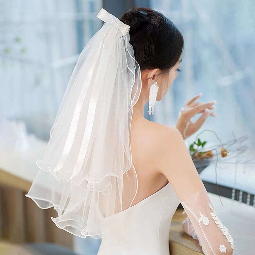 AliExpress Elegant Ribbon Bow Pearl Bridal Veil with Comb Shoulder Elbow Length Short Wedding Veil Marriage Accessories Decor Supplies, view 2