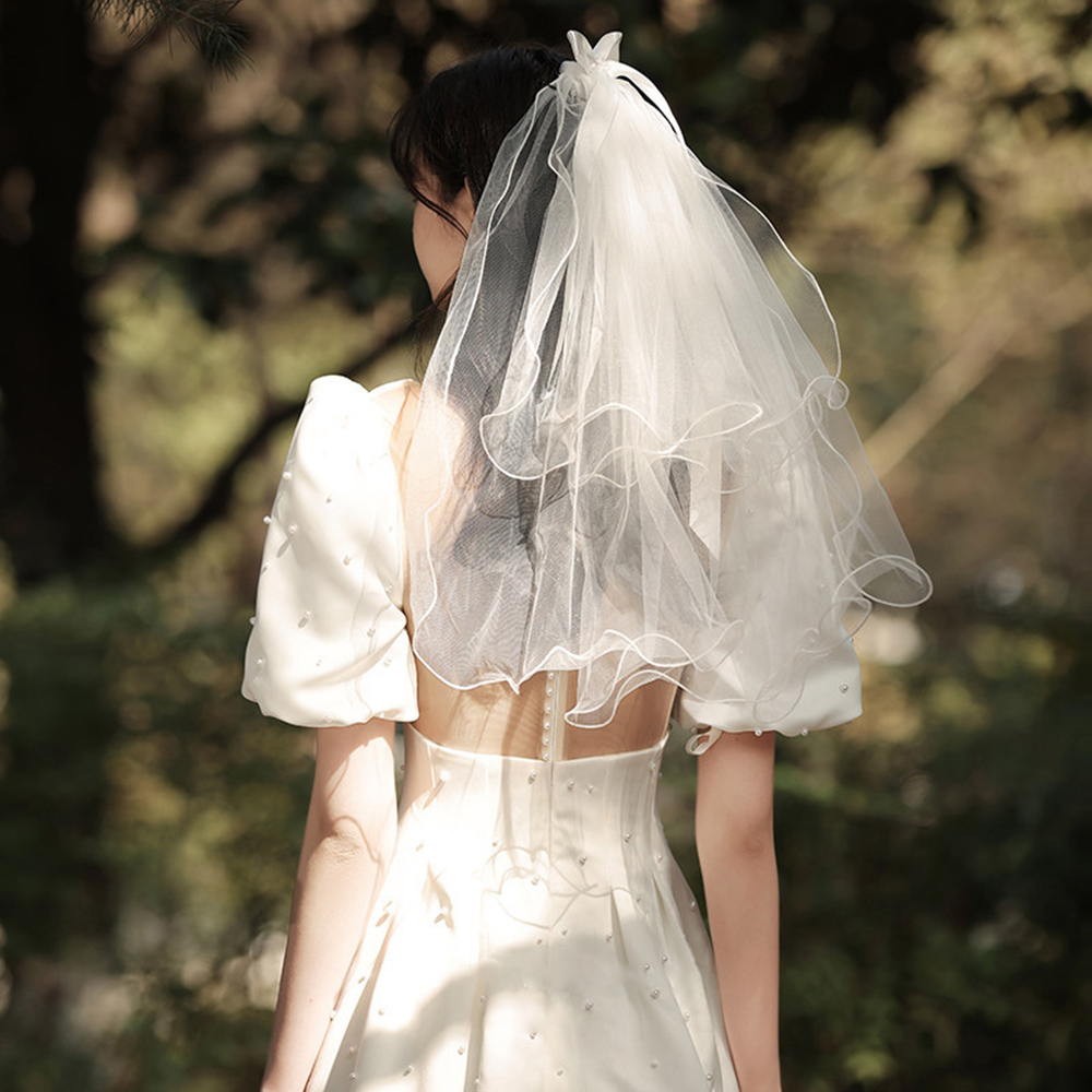 AliExpress Elegant Ribbon Bow Pearl Bridal Veil with Comb Shoulder Elbow Length Short Wedding Veil Marriage Accessories Decor Supplies, view 3