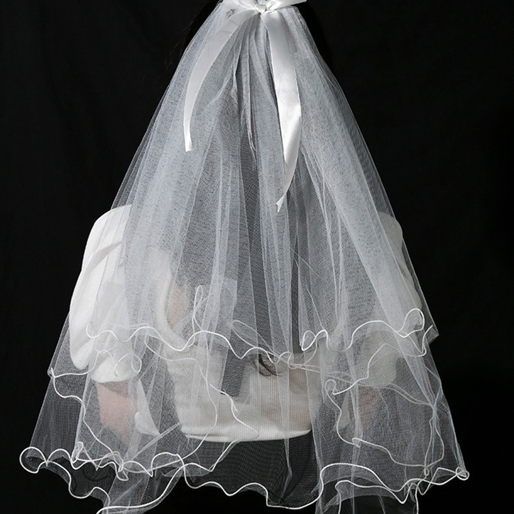 AliExpress Elegant Ribbon Bow Pearl Bridal Veil with Comb Shoulder Elbow Length Short Wedding Veil Marriage Accessories Decor Supplies, view 5