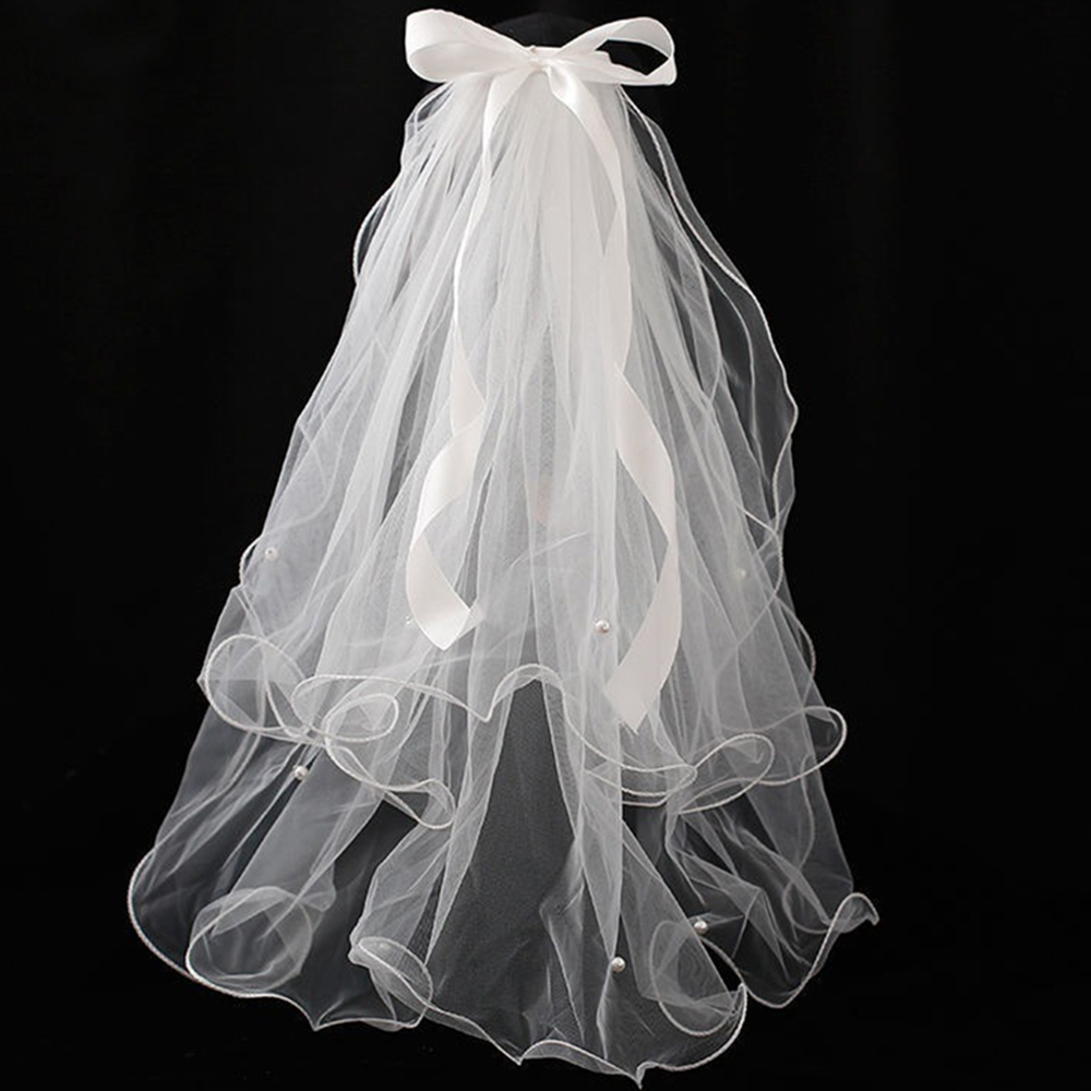 AliExpress Elegant Ribbon Bow Pearl Bridal Veil with Comb Shoulder Elbow Length Short Wedding Veil Marriage Accessories Decor Supplies, view 6