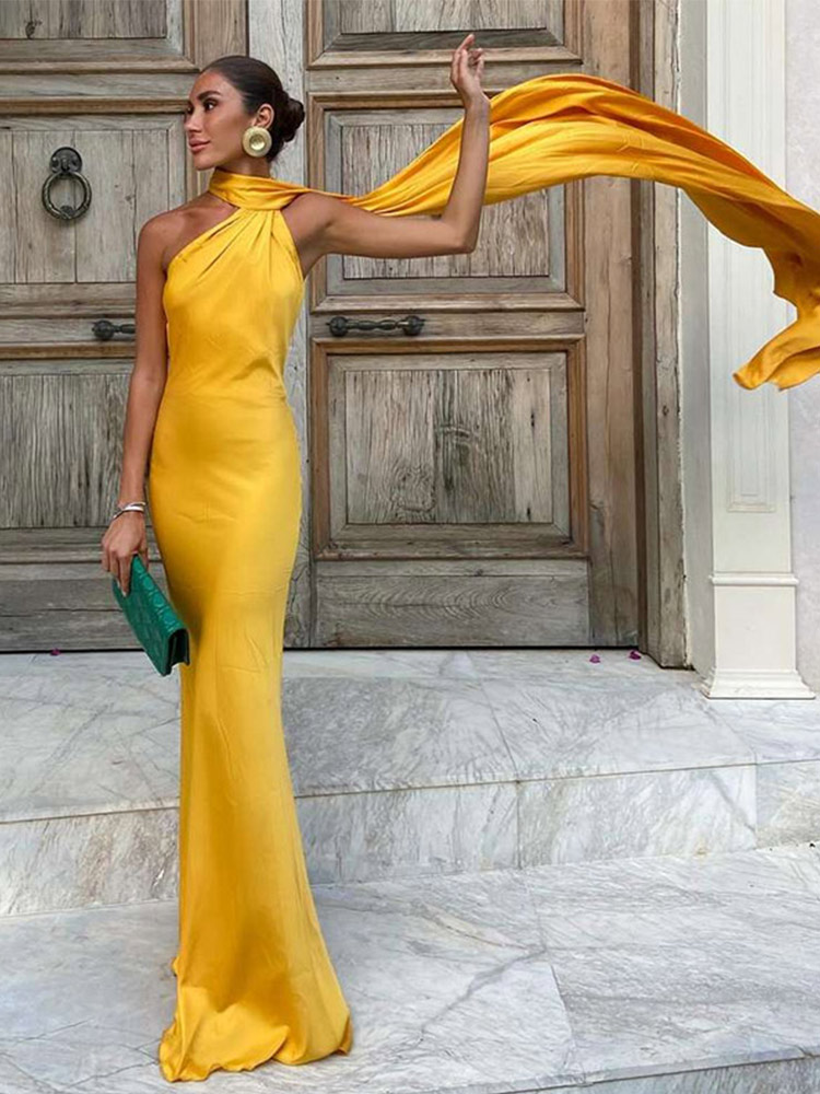 AliExpress Elegant Ribbon Halter Dress Women Solid Off Shoulder Sleeveless Backless Slim Maxi Dresses 2025 Summer Autumn Party Robes Lady