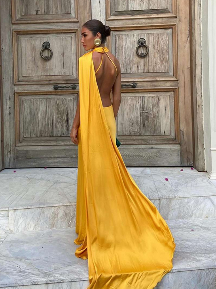 AliExpress Elegant Ribbon Halter Dress Women Solid Off Shoulder Sleeveless Backless Slim Maxi Dresses 2025 Summer Autumn Party Robes Lady, view 2