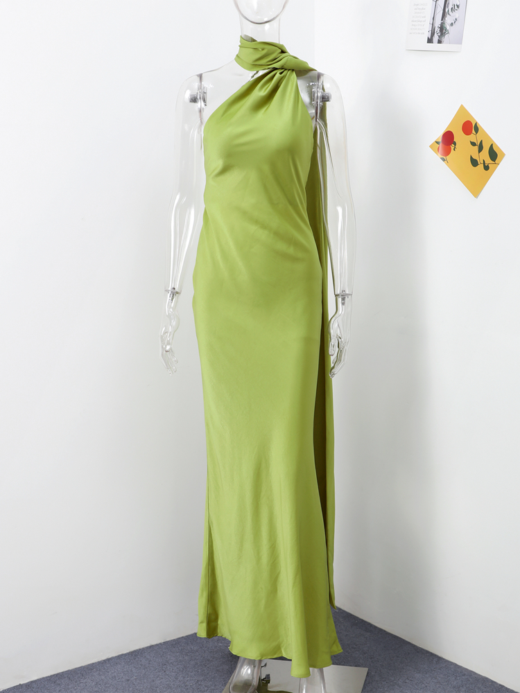AliExpress Elegant Ribbon Halter Dress Women Solid Off Shoulder Sleeveless Backless Slim Maxi Dresses 2025 Summer Autumn Party Robes Lady, view 4