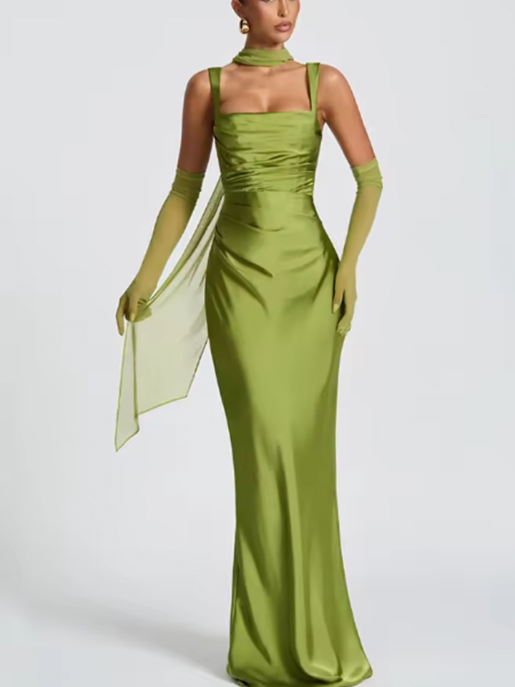AliExpress Elegant Scarf Collar Sling Women Summer Dress Solid Sleeveless Off-shoulder Slim Maxi Dresses 2026 Lady Chic Evening Party Gown
