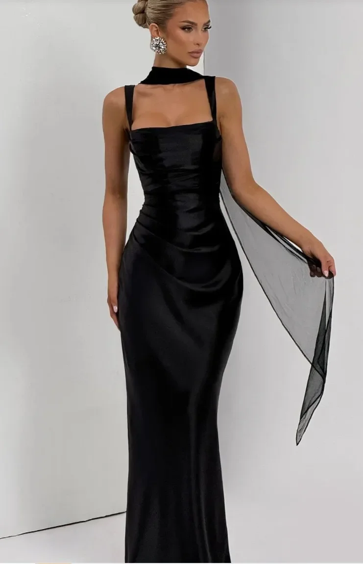 AliExpress Elegant Scarf Collar Sling Women Summer Dress Solid Sleeveless Off-shoulder Slim Maxi Dresses 2026 Lady Chic Evening Party Gown, view 4
