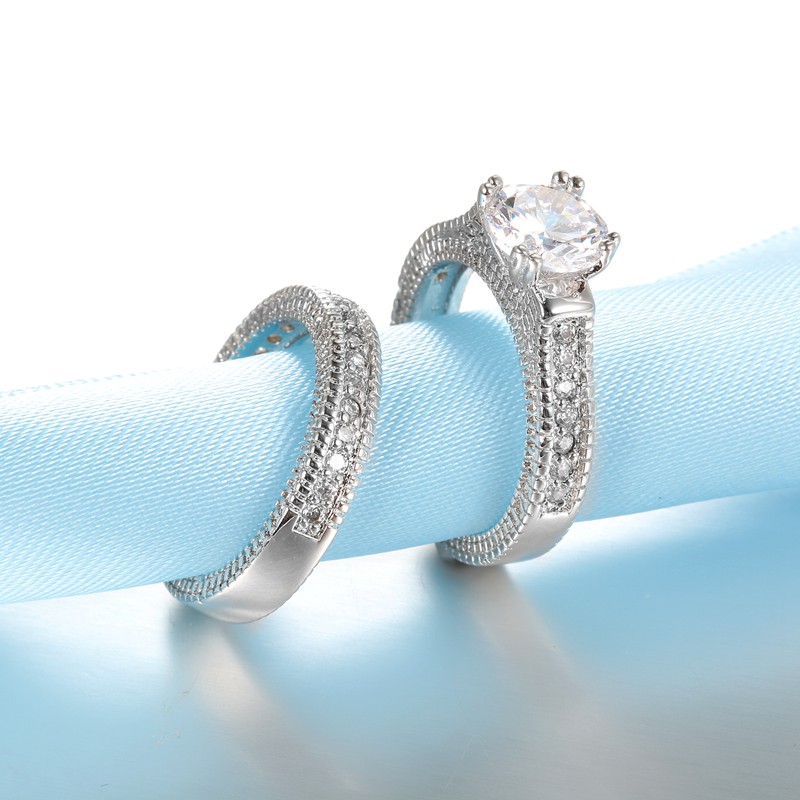 AliExpress Silver-Tone CZ Couple Wedding Ring Set, view 2
