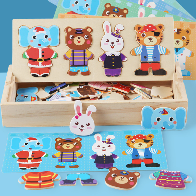 AliExpress Elephant Bear Change Clothes Children's Early Education Wooden Jigsaw Puzzle Dressing Game Baby Puzzle Toys For Children Gift