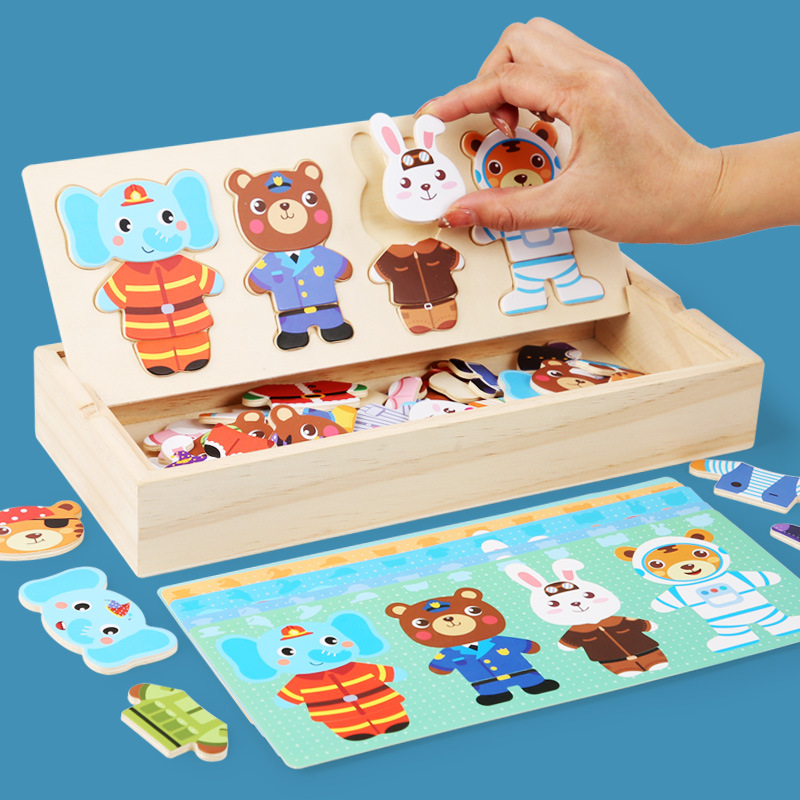 AliExpress Elephant Bear Change Clothes Children's Early Education Wooden Jigsaw Puzzle Dressing Game Baby Puzzle Toys For Children Gift, view 2
