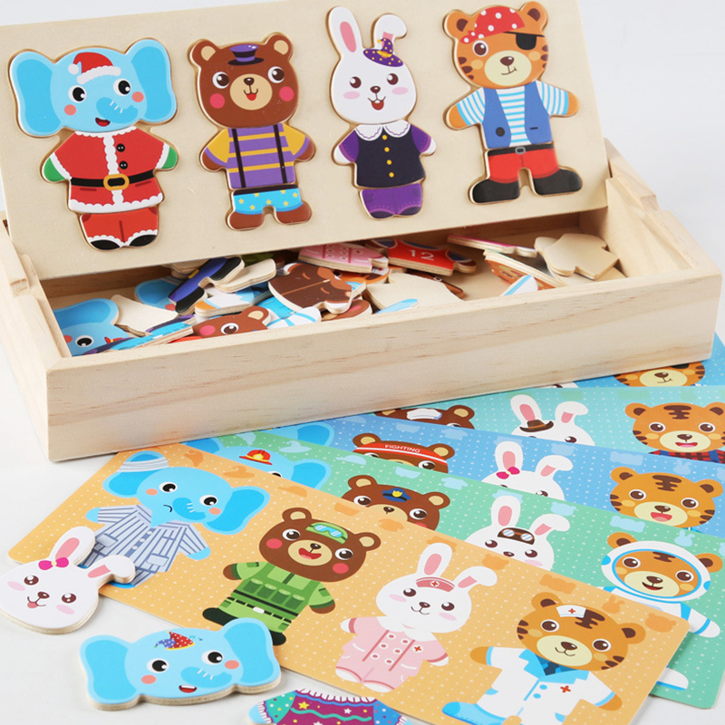 AliExpress Elephant Bear Change Clothes Children's Early Education Wooden Jigsaw Puzzle Dressing Game Baby Puzzle Toys For Children Gift, view 3