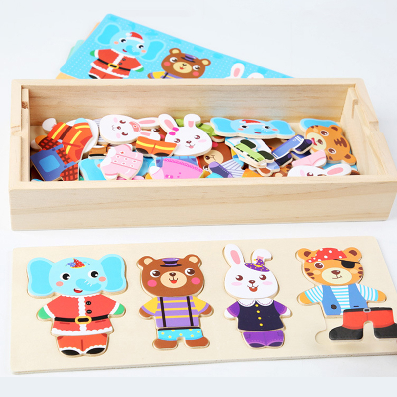 AliExpress Elephant Bear Change Clothes Children's Early Education Wooden Jigsaw Puzzle Dressing Game Baby Puzzle Toys For Children Gift, view 4